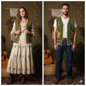 Vintage Hand-Knit Boho Folk Art Vest - Olive Green with Fringed Hem - Unisex